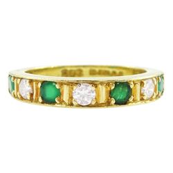 18ct gold round seven stone emerald and brilliant cut diamond half eternity ring, London 1977, total diamond weight approx 0.20 carat