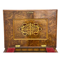 Victorian pollard oak and walnut sewing or work box, moulded rectangular hinged top with wide walnut band inlaid with satinwood panels with extending scrolled decoration, rosewood interior fitted with lidded compartments, sunken storage well and pin cushions, fretwork lids with bone handles, quadruple spiral turned pillar supports on raised rectangular platforms, united by flat fretwork stretcher, on scroll carved feet with castors