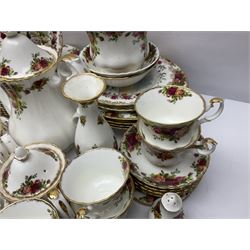 Royal Albert Old Country Roses pattern part tea and dinner service, including coffee pot, miniature teapot and stand, eight dinner plates, cake stand, sauce boat etc 