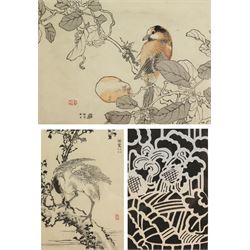 Kōno Bairei (Japanese 1844-1895): Cormorant Catching a Snake and a Perching Bird, pair of woodblock prints together with a printed pattern from Shin Bijutsukai (Ocean of Art) by Tanaka Yoshinosuke max 21cm x 15cm (3)