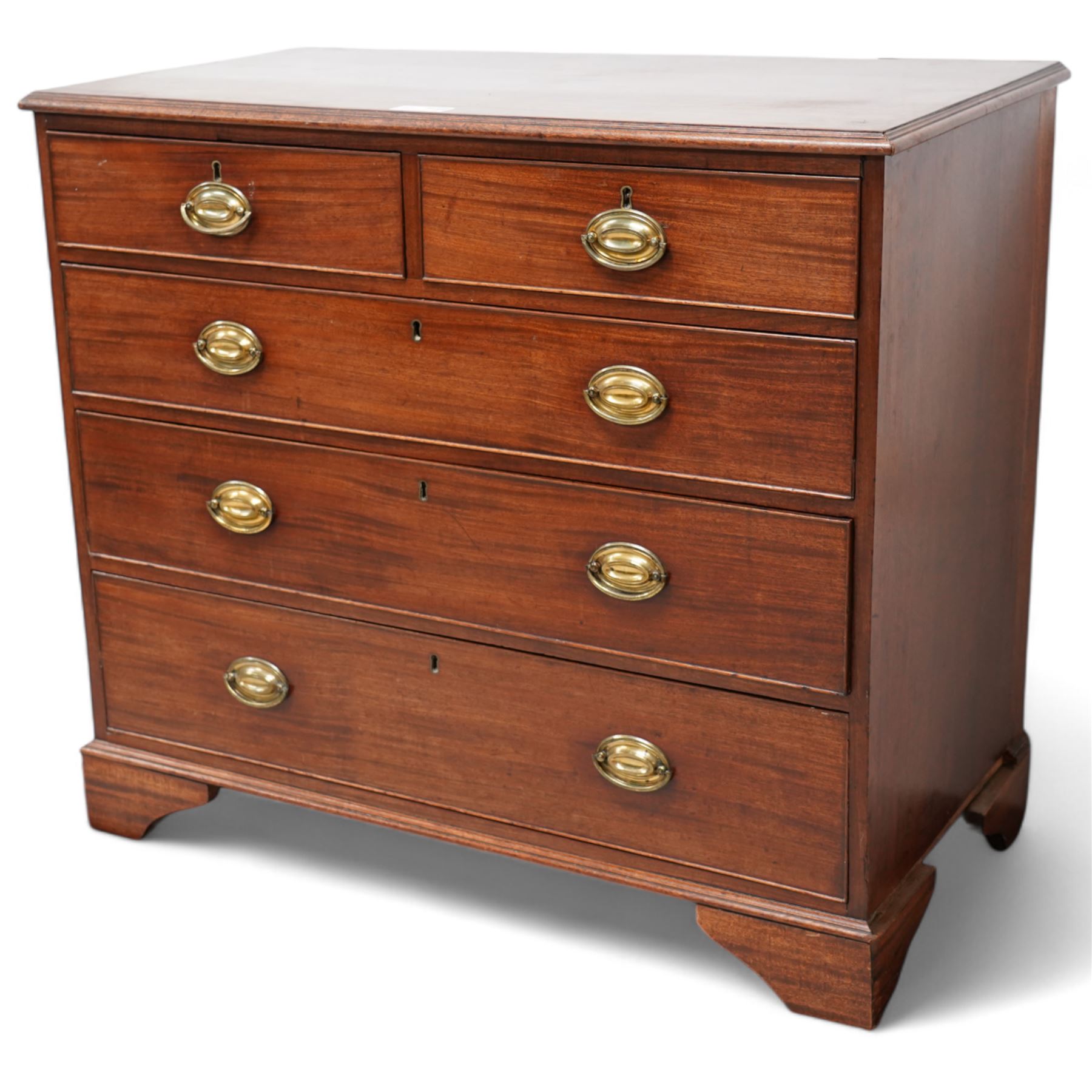 George III mahogany chest, rectangular top over two short and three long graduating cock-beaded drawers, on bracket feet