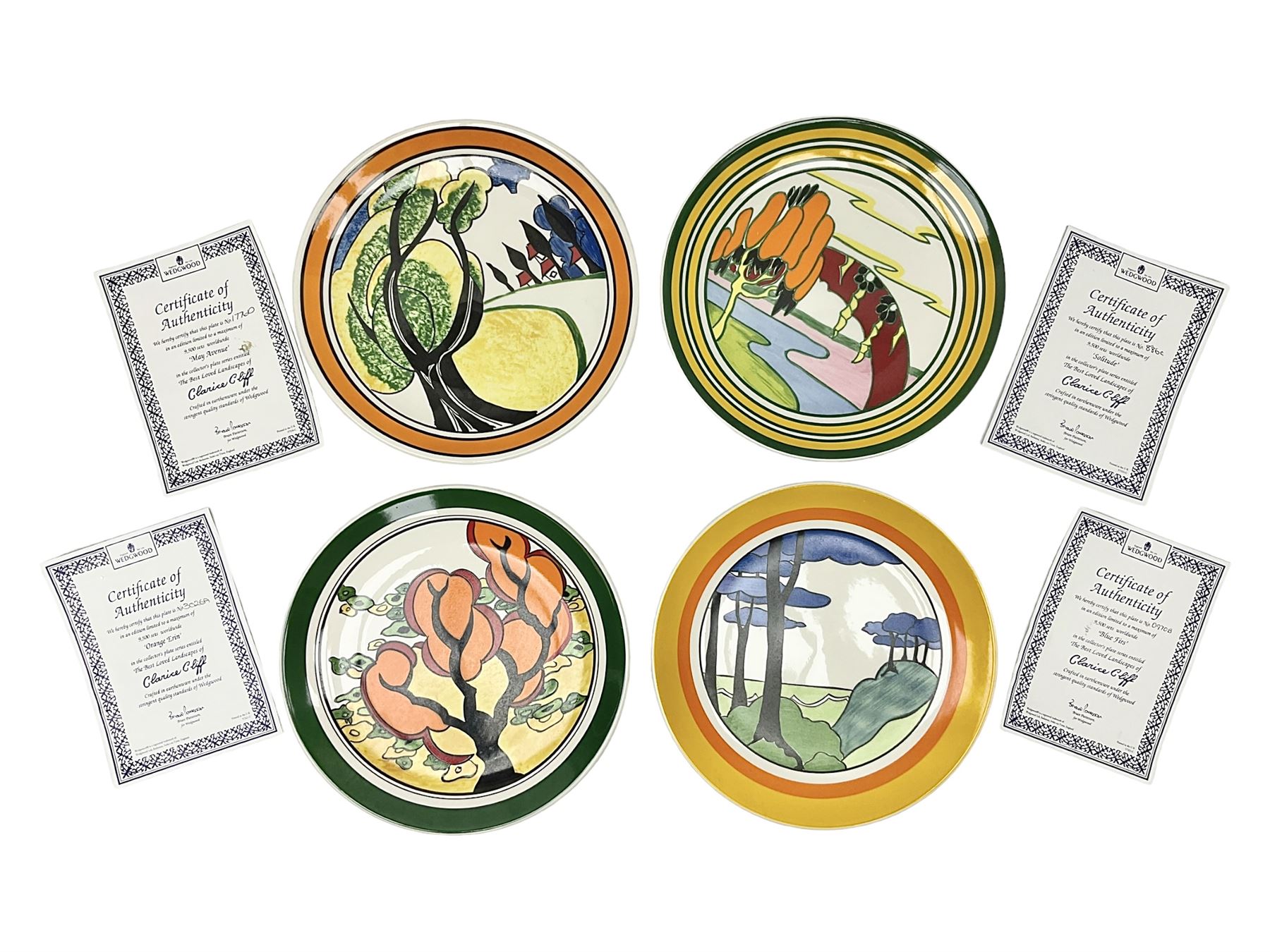 Four Clarice Cliff Wedgwood limited edition plates, comprising Orange Erin, Blue Firs, Solitude and May Avenue, all with certificate and box, D26cm