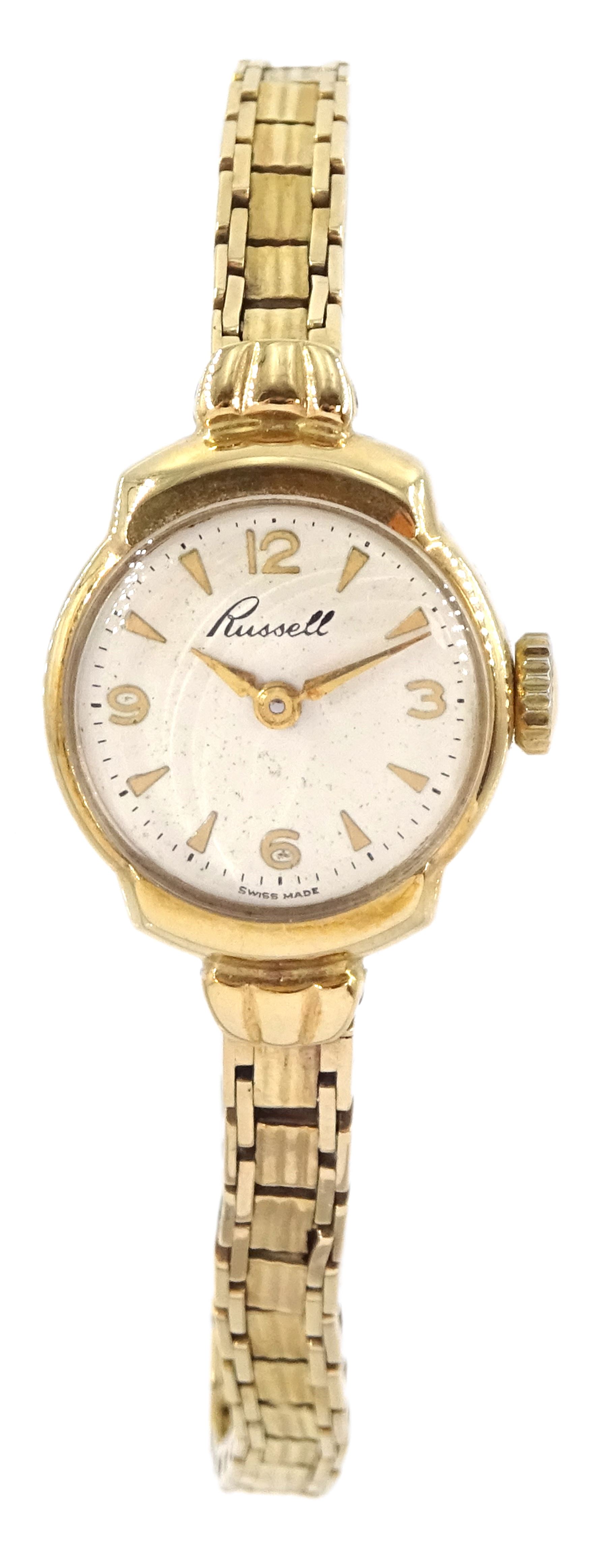 Russell ladies 9ct gold manual wind wristwatch, on 9ct gold bracelet strap, hallmarked