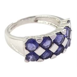 9ct white gold two row tanzanite ring, hallmarked