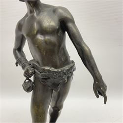 After Auguste Moreau, bronzed figure of David, with plaque inscribed 'Prix de Mr Le Perfet de Police Roques', H35cm 