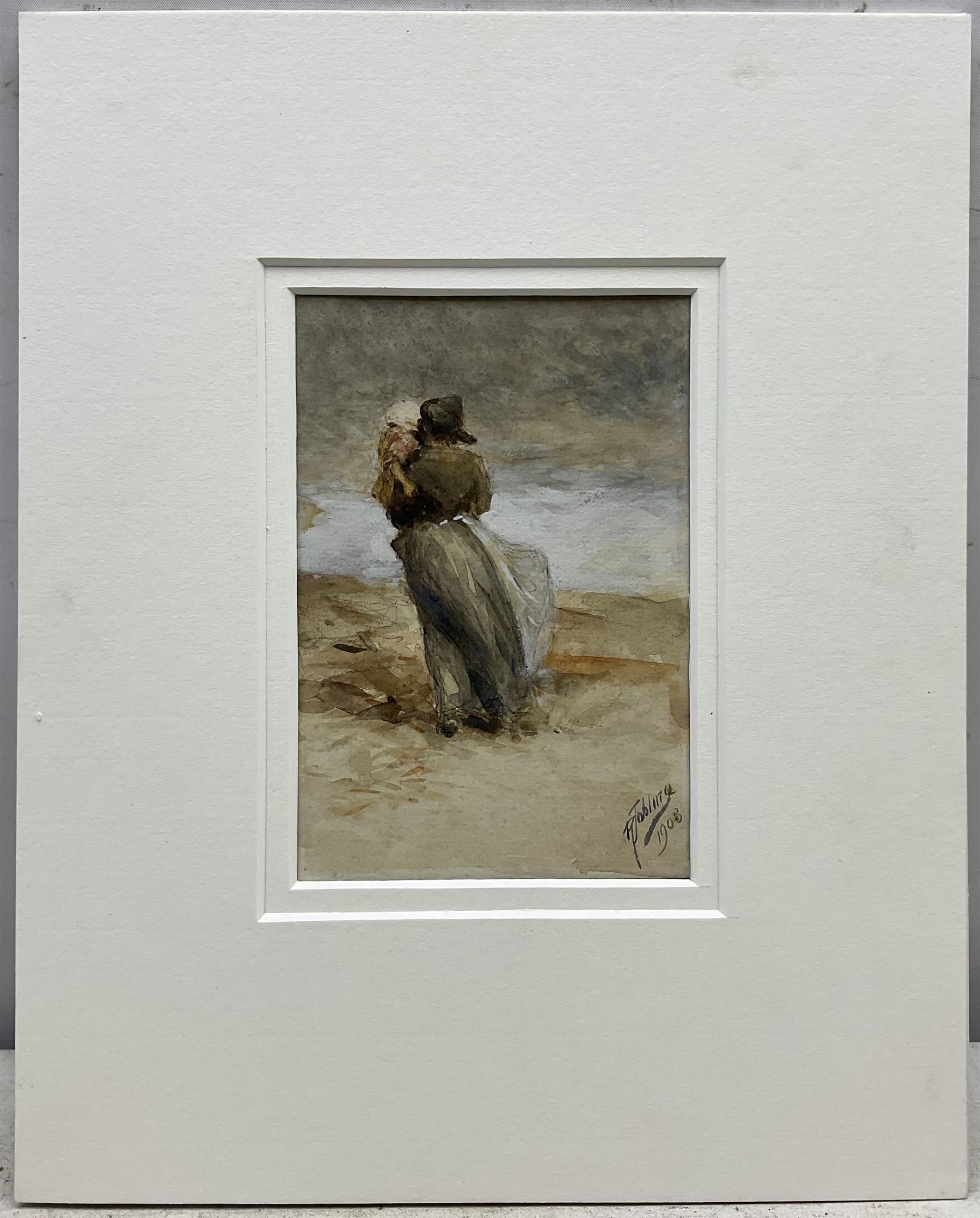 Robert Jobling (Staithes Group 1841-1923): Looking Out to Sea - Staithes Fisherwoman and Daughter, watercolour signed and dated 1908, 15cm x 10cm (mounted)