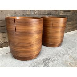 Pair of walnut circular barrel shaped lamp tables, fitted with single drawer