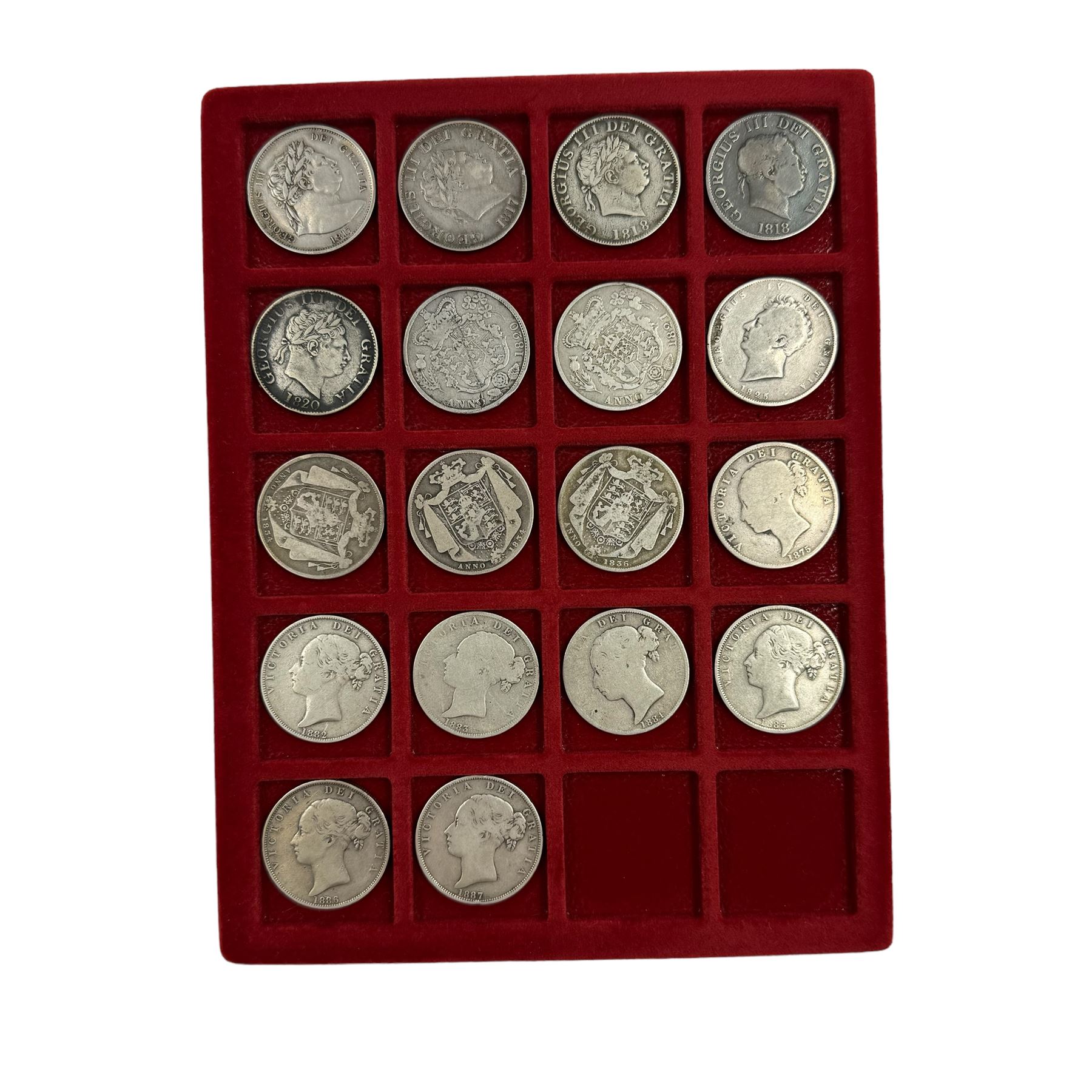 Eighteen silver halfcrown coins, dated George III 1817 'bull', 1817, two 1818, 1820, George IIII 1820, 1821, 1825, William IIII two 1834, 1836, Queen Victoria 1875, 1882, 1883, 1884, 1885, 1886 and 1887