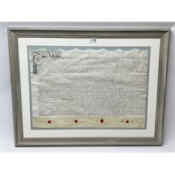 19th century indenture relating to the Hardwick family in the county of York, on vellum with four wax seals, in quality limed oak style frame, 67cm x 87cm overall