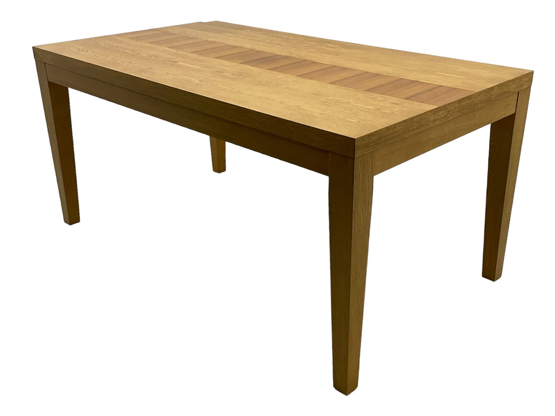 Contemporary oak dining table, rectangular top with inlaid walnut central strip, on square tapering supports 