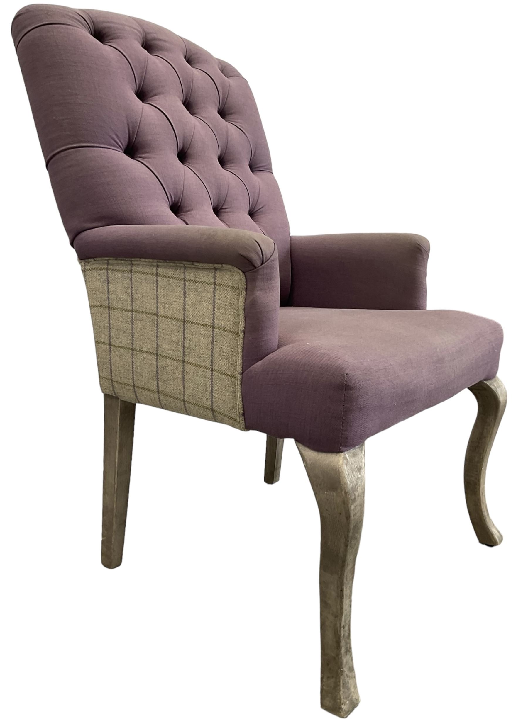 Voyage - four high back armchairs upholstered in buttoned lilac and tweed fabric, painted cabriole legs