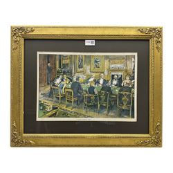 Colour print - 'A Quiet Round Game' depicting the famous Edward VII Baccarat card game scandal at Tranby Croft, Anlaby near Hull, 28cm x 40cm in gilt frame