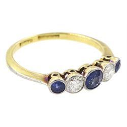 Early 20th century 18ct gold milgrain set five stone round cut sapphire and old cut diamond ring, stamped 18ct, total diamond weight approx 0.20 carat