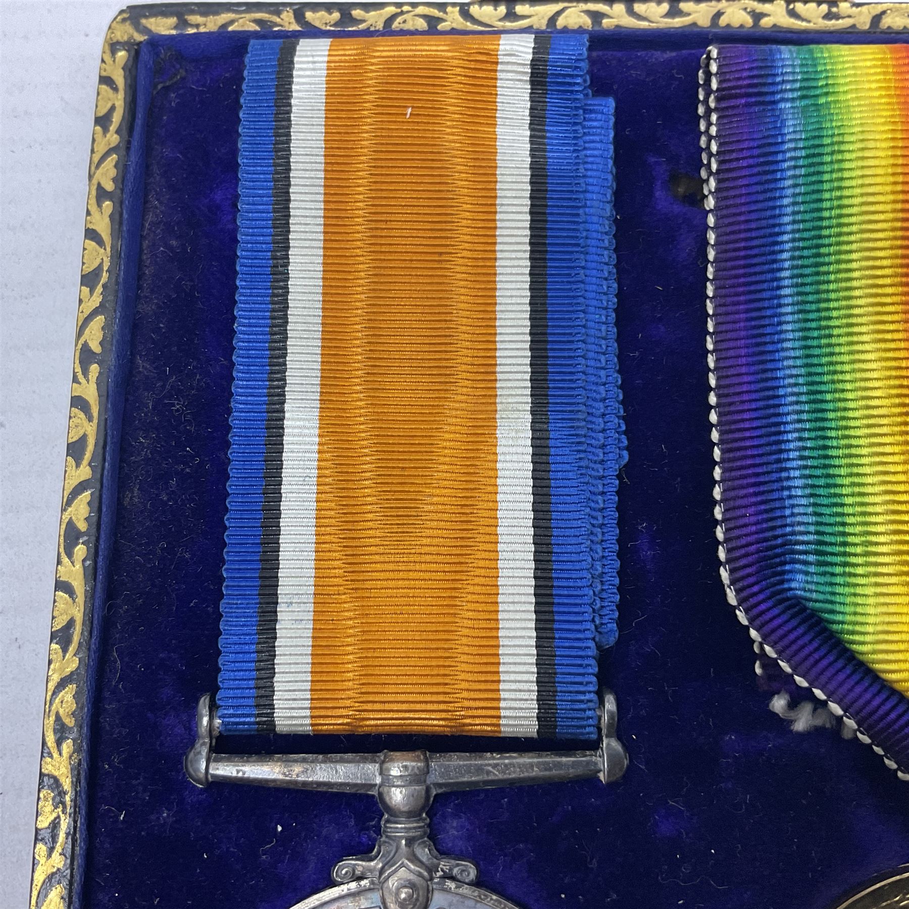 WWI pair of medals comprising British War Medal and Victory Medal awarded to 12-1379 Pte. H. Marshall York and Lanc. R.; both with ribbons in display case; and WWII 1939-1945 Star