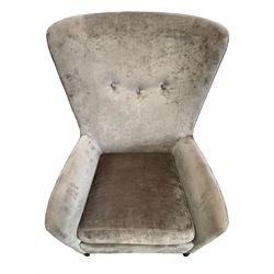 2 x Wing back armchair upholstered in silver crushed velvet fabric