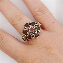 9ct gold garnet and diamond flower head cluster ring, Birmingham 2002 