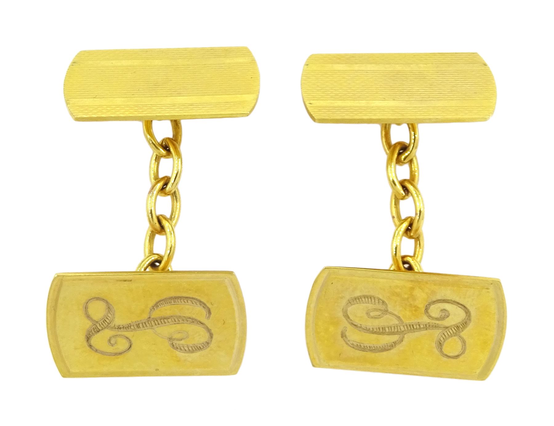 Pair of 9ct gold engine turned cufflinks, engraved with initial 'L', Birmingham 1990