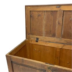 19th century pine blanket chest, double panelled hinged lid over panelled front and sides, on bracket feet