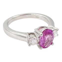 18ct white gold three stone oval cut pink sapphire and round brilliant cut diamond ring, hallmarked, sapphire 1.50 carat, with World Gemological Institute report