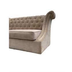 Grande wing back sofa bed, upholstered in beige buttoned fabric, metal action pull out double bed