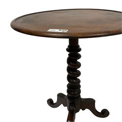 Victorian mahogany tripod table, dished circular top on spiral turned column, three splayed supports with scrolled terminals 