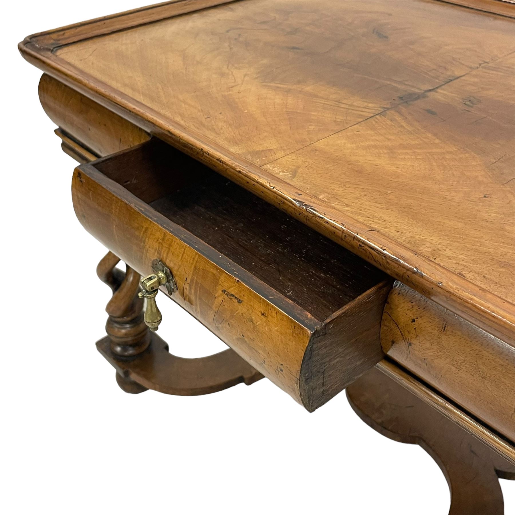 19th century William and Mary design figured walnut lamp or side table, rectangular tray top, cushion frieze fitted with single drawer, raised on open spiral turned supports united by curved x-frame stretcher, on bun feet