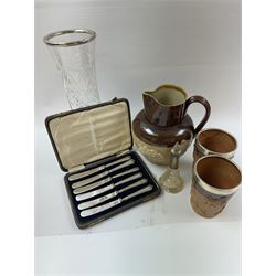 Doulton Lambeth harvest jug, together with two harvest tumblers iwth silver collars, and three other silver mounted items, including cut glass vase, scent bottle and a set of silver handled butter knives, all hallmarked 