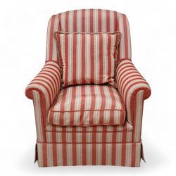 Edwardian hardwood-framed armchair, with rolled arms upholstered in red striped fabric, on square tapering front feet with brass and ceramic castors 