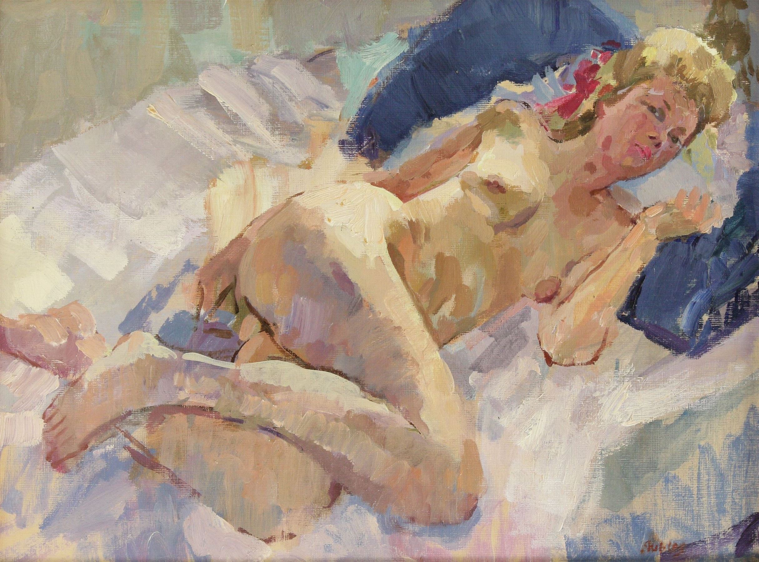 Trevor Stubley (British 1932-2010): 'Summer '85 Study' Nude, oil on board signed, titled verso 30cm x 40cm 