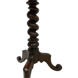 Victorian mahogany tripod table, dished circular top on spiral turned column, three splayed supports with scrolled terminals 