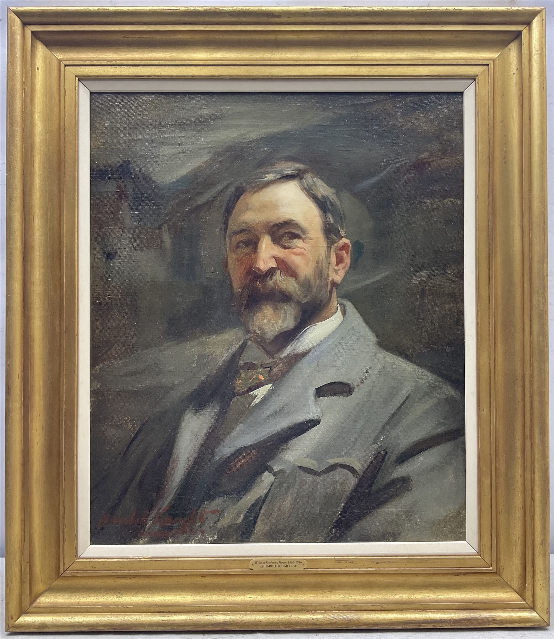 Harold Knight (Staithes Group 1874-1961): Portrait of 'William Frederick Mayor', a Moonlit View of Staithes Behind, oil on canvas signed 59cm x 49cm 
Notes: William (Fred) Frederick Mayor (1866-1916) and Knight were fellow Staithes Group members, and lodged together at 'Gun Gutter', up the valley in the background. The present painting may be a mourning portrait; Mayor tragically died at the age of 49 on 10th January 1916 during an operation relating to his severe asthma.