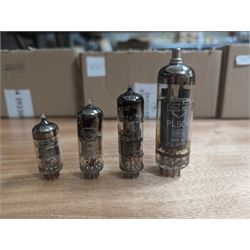 Collection of Mullard thermionic radio valves/vacuum tubes, mostly bubble wrapped and identified with lists