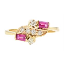 18ct gold baguette cut ruby and round brilliant cut diamond crossover ring, stamped