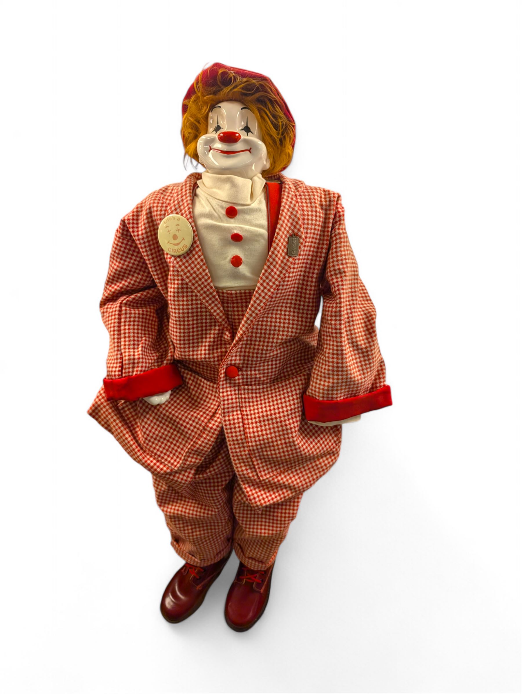 Hobo Designs large clown figure, with ceramic head and soft body, H90cm