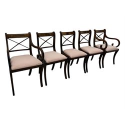 Set of ten (8+2) Regency design mahogany and brass inlaid dining chairs, bar cresting rail over x-framed back, upholstered drop-in seats, moulded frame and sabre supports 