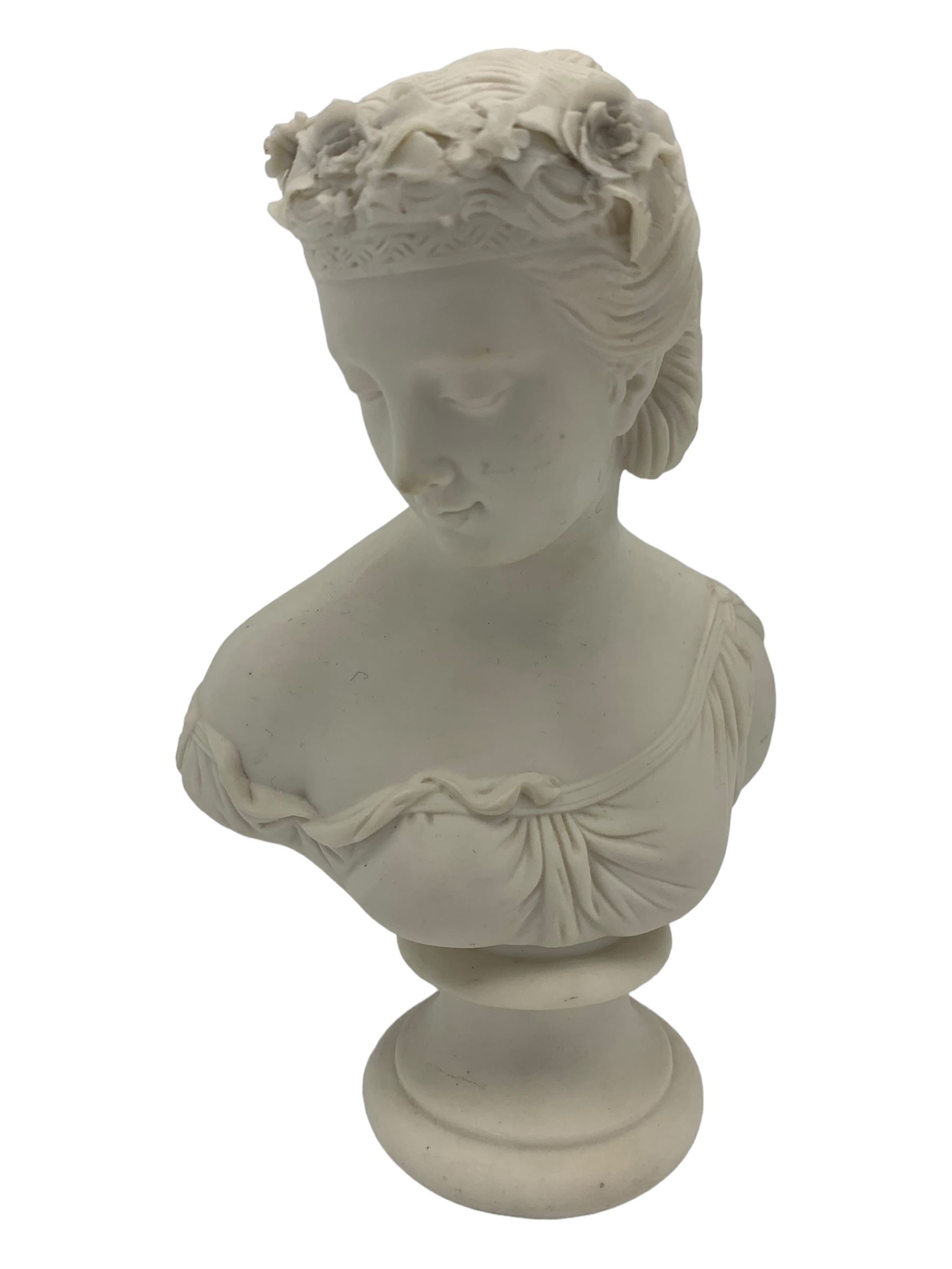 Parian ware model of a female bust on socle plinth, H20cm, resin model of 'Venus', together with other resin and composite classical figures and busts, H42cm max (6)