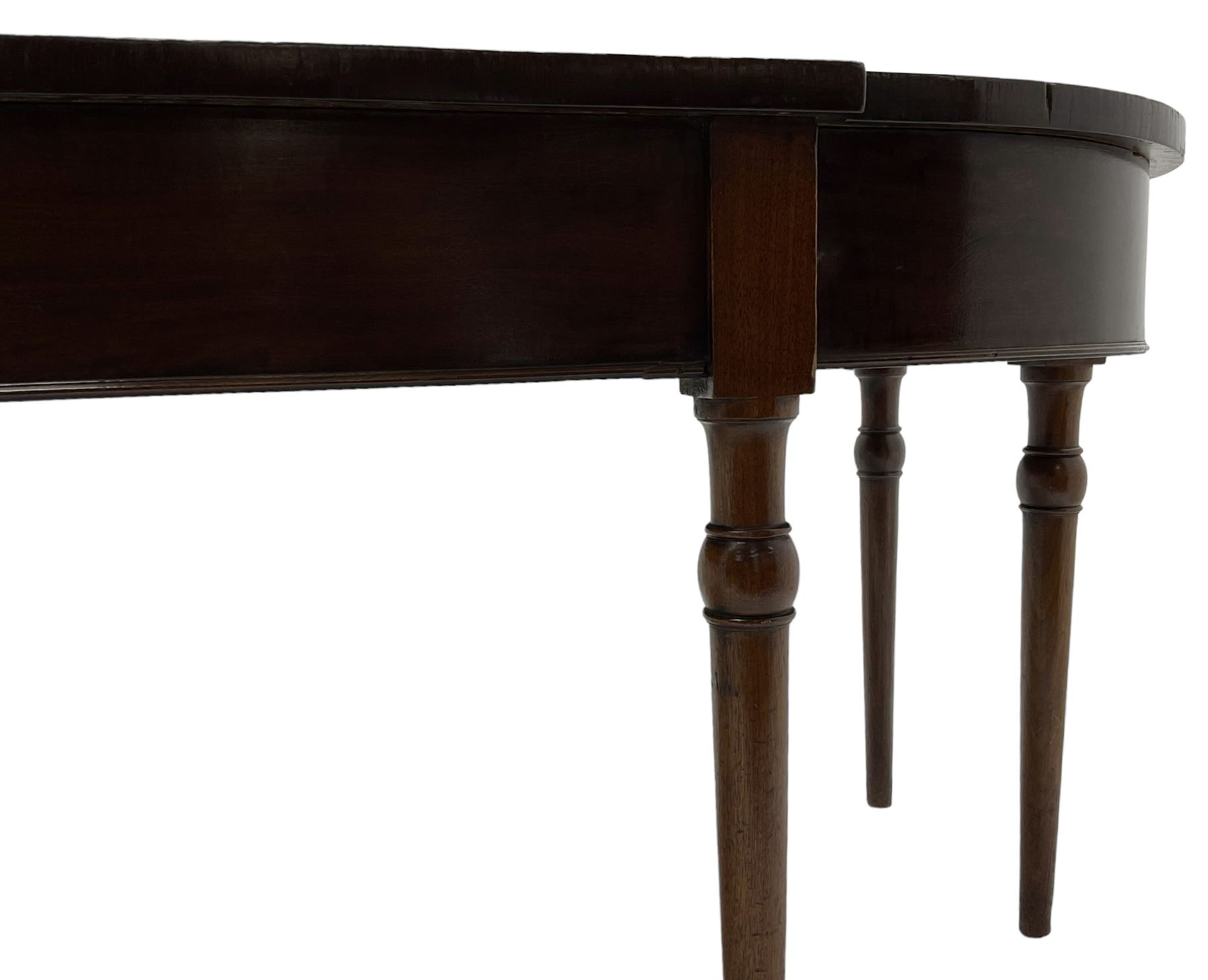 George III mahogany serving table, bow shaped top with banded frieze, raised on turned tapering supports