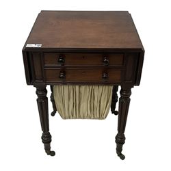 19th century mahogany drop-leaf work table, rectangular top with rounded corners, fitted with two cock-beaded drawers over pleated silk storage well, with matching opposing faux drawers, on turned and lobe moulded supports on castors