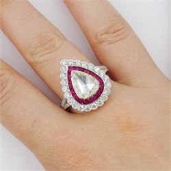 18ct white gold diamond and ruby cluster ring, the principal pear rose cut diamond of approx 1.30 carat, with calibre cut ruby and round brilliant cut diamond surround and diamond set shoulders, stamped 750, total ruby weight approx 1.40 carat, total round brilliant cut diamond weight approx 1.05 carat