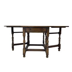 Titchmarsh & Goodwin - 17th century design oak drop leaf dining table, oval top with hinged drop leaves, single drawer to one side with applied makers label, baluster-turned supports united by stretchers