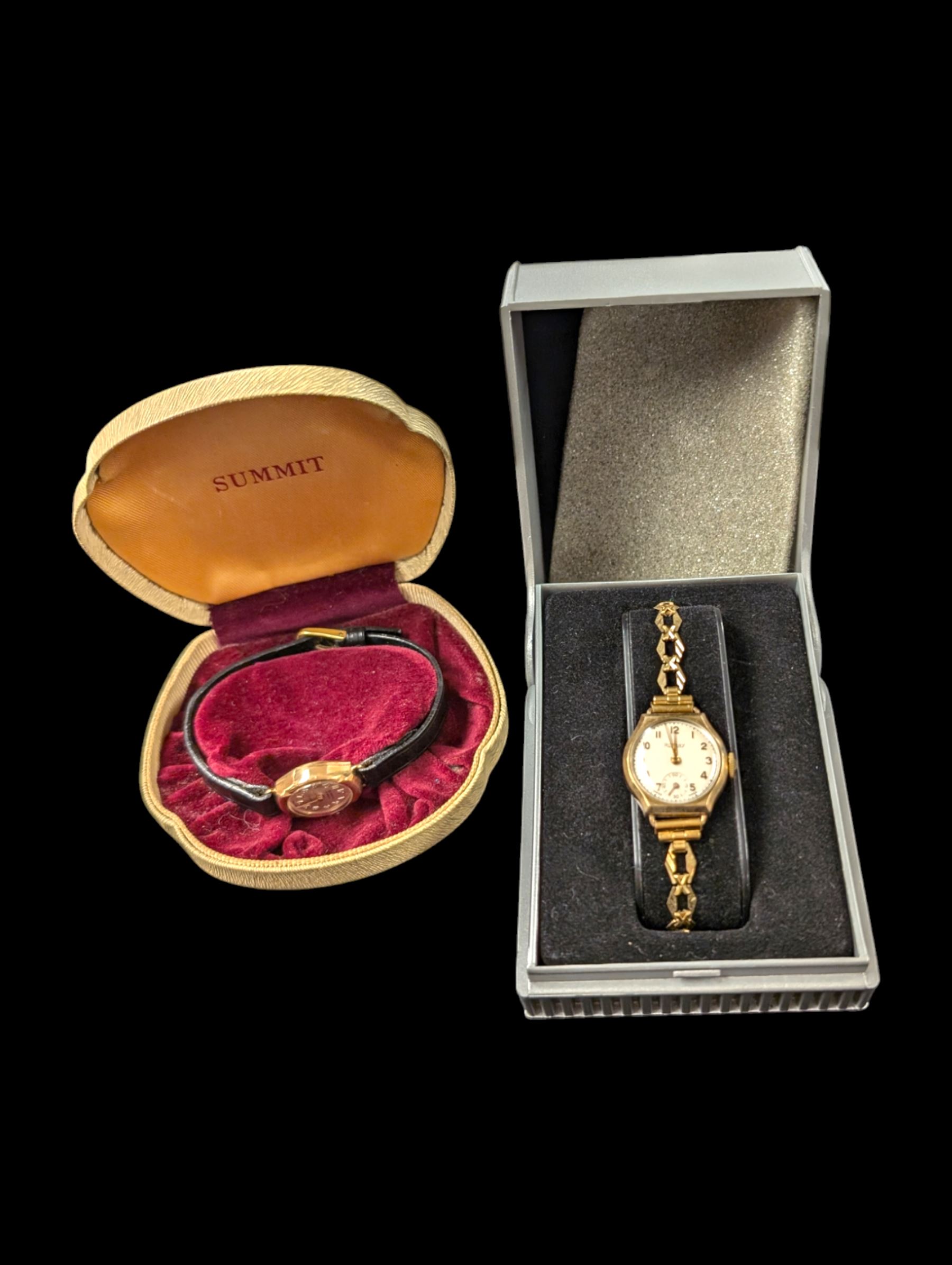 Two 9ct gold case manual wind ladies wristwatches, including Summit 17 Jewel Incabloc example on leather strap and Rotary example on plated strap 