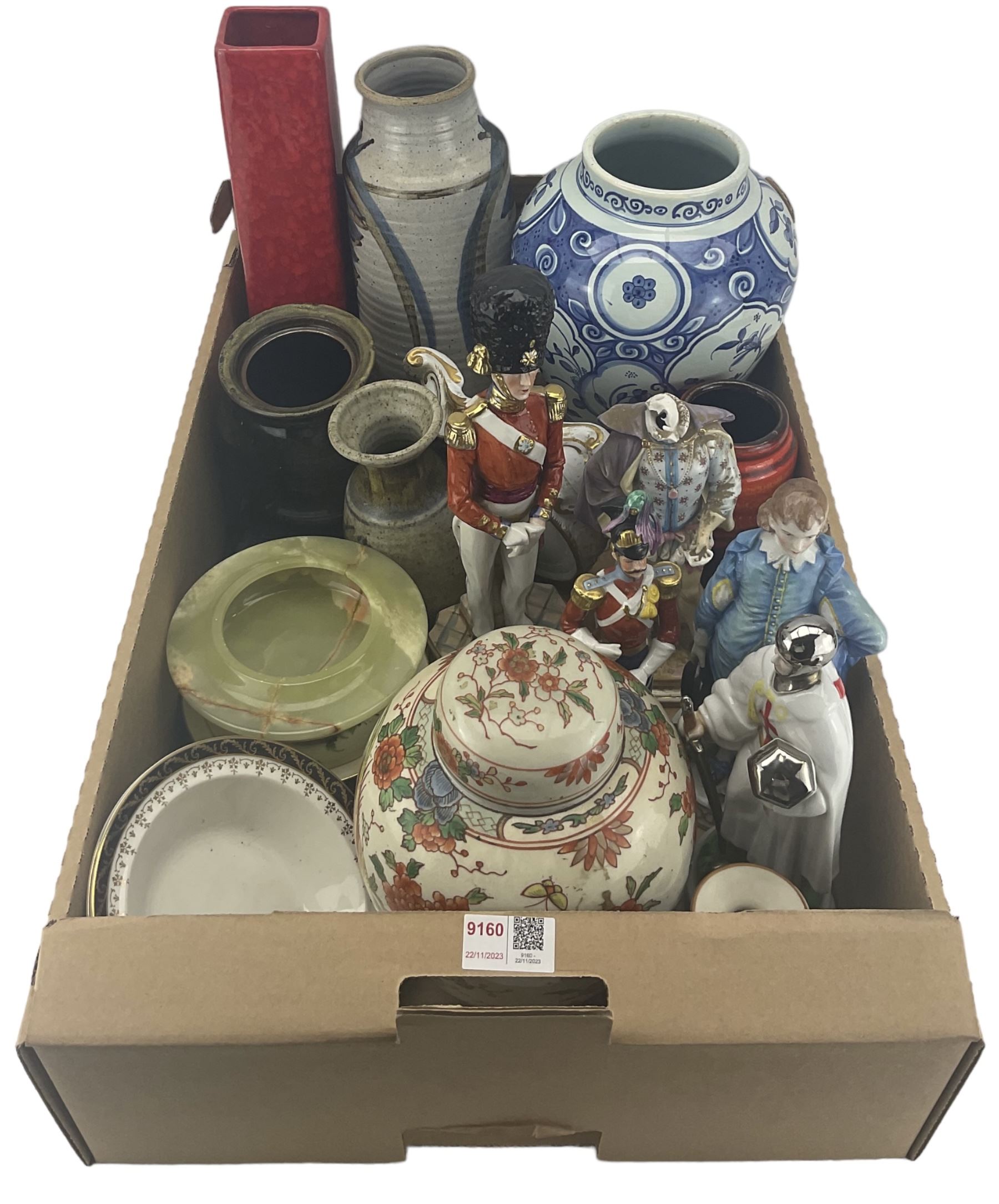 Studio pottery vases, onyx pedestal bowl, Chinese ginger jar, delft vase etc in one box