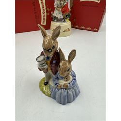 Two Royal Doulton Bunnykins music boxes, comprising Rocking Horse and Winter Waltz together with two Royal Doulton Bunnykins figures Once Upon a Time and Father, Mother & Victoria, all with original boxes  