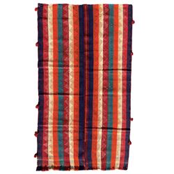 South West Persian Jajim Kilim ground rug, the field with alternating vertical stripes with lightly woven diamond-shaped motifs running through the pattern, the edges with small decorative tufts