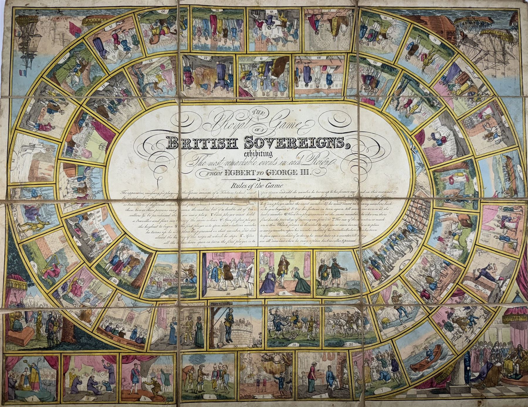 The Royal Game of British Sovereigns, Wallis (J. & E.) showing events in each reign from Egbert to George III, spiral track with 53 illustrations, the central oval filled with title and rules of the game, engraving with hand-colouring, H47cm., L62cm