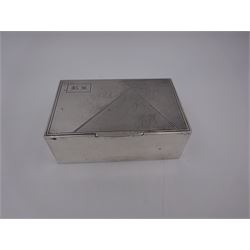 1930s silver mounted cigarette box, of rectangular form, with engine turned decoration and engraved cartouche to hinged lid, opening to reveal a softwood interior, hallmarked London 1930, maker's mark worn and indistinct