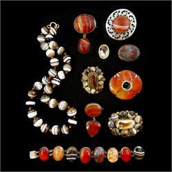 Victorian and later Scottish hardstone and agate jewellery including two gold mounted brooches, silver bracelet, necklace, four silver brooches, one by Ward Bros and two other gilt brooches