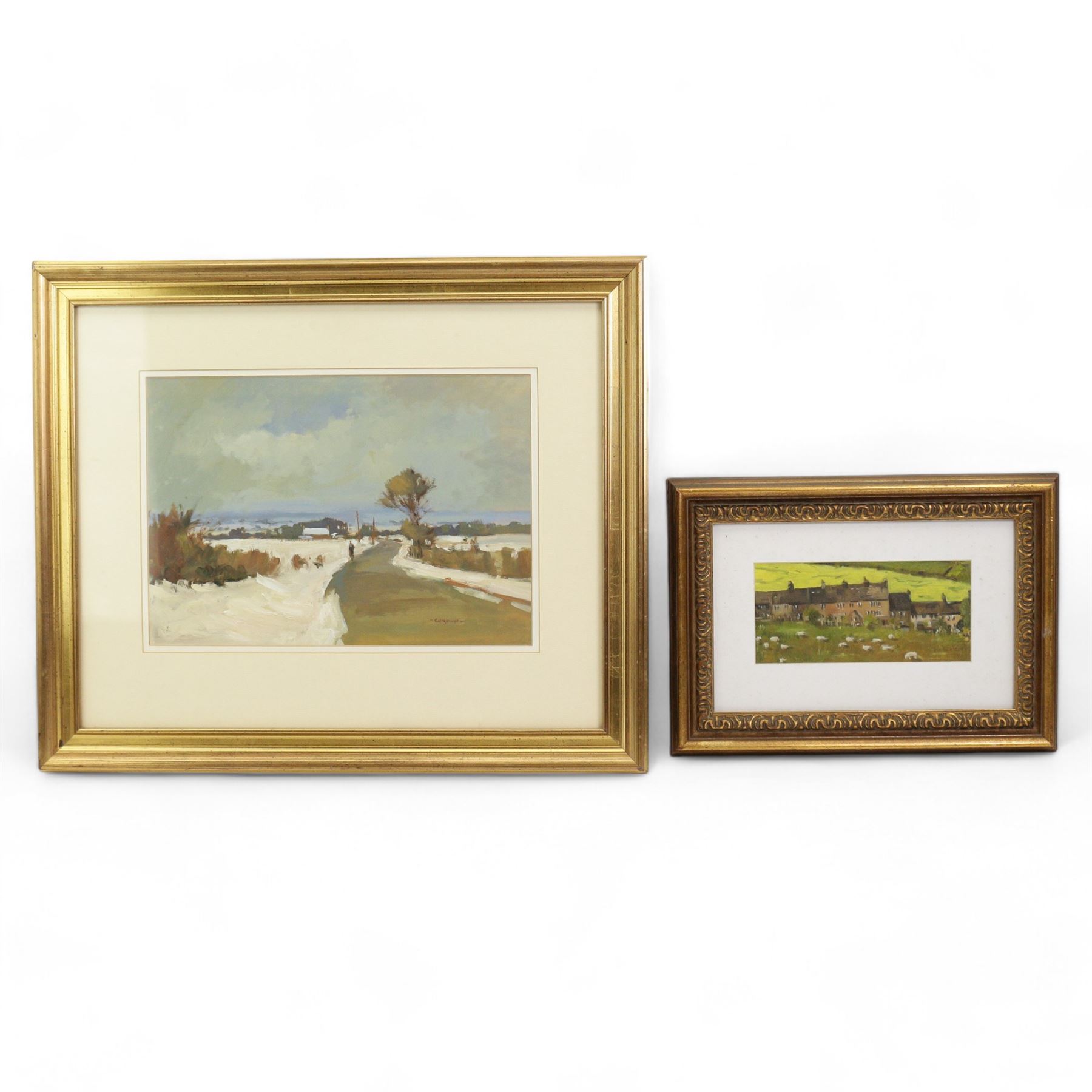 Michael Curgenven (Scottish Contemporary): 'A Moorland Road - Near Halifax', oil on board signed, titled verso 26cm x 38cm; Keith Harris (Yorkshire Contemporary): 'Thurstonland Cottages', oil on board signed, titled verso 10cm x 21cm (2)