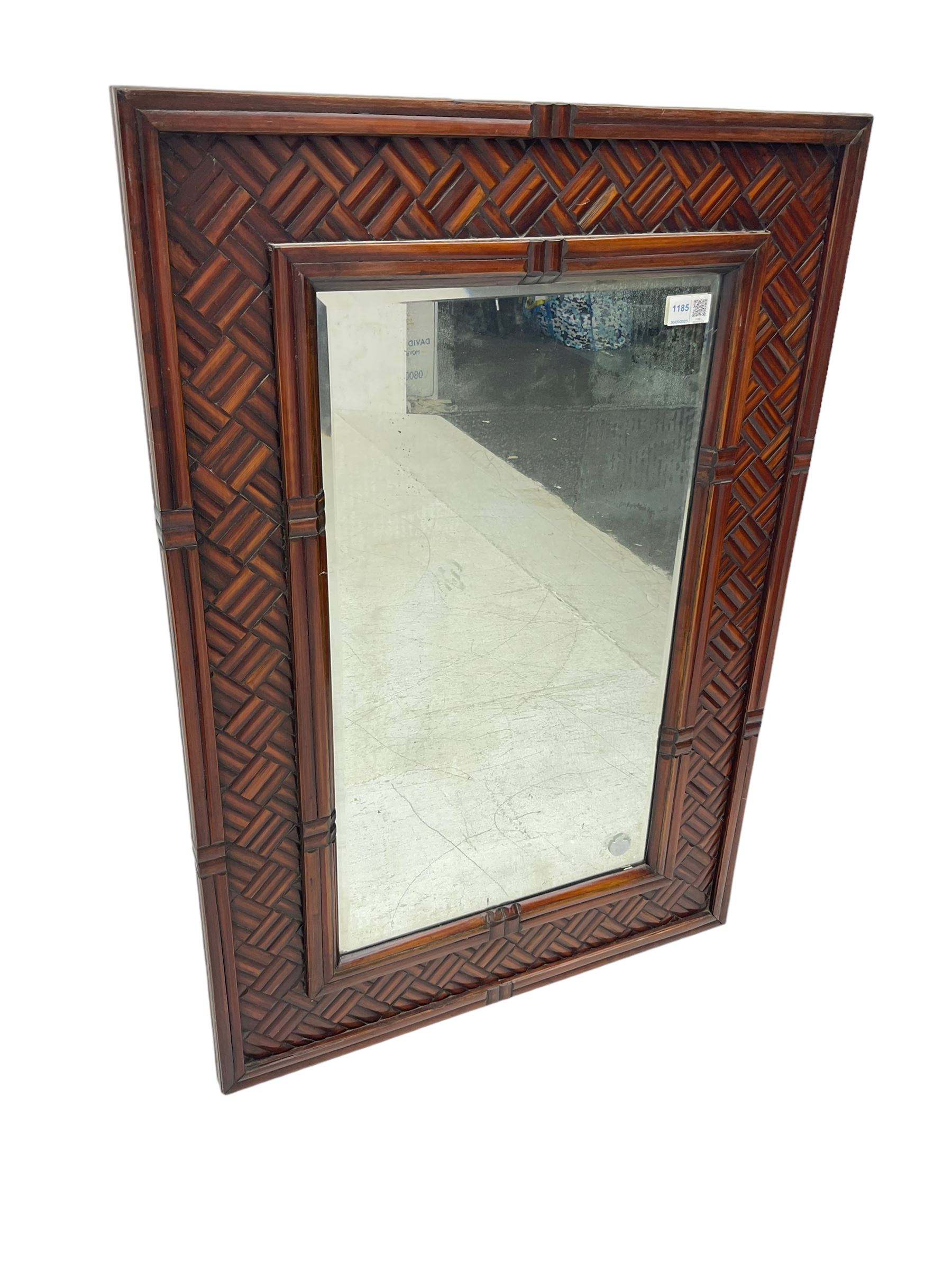 Chinese design bamboo and wood rectangular wall mirror, parquetry lattice-work bamboo, bevelled plate