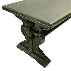 Italian design coffee table in green marbled finish, moulded rectangular top over shaped end supports mounted by putti caryatids and scrolls, stepped and moulded sledge feet